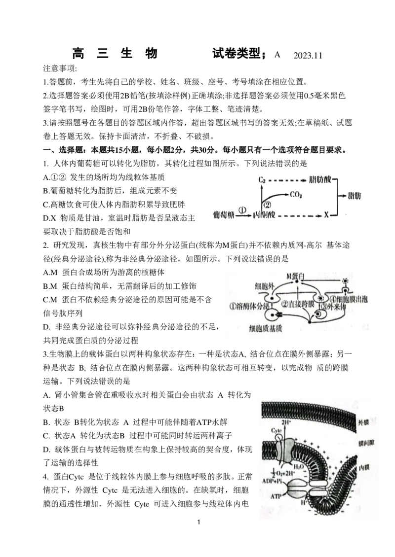 山东省潍坊市2024届高三上学期期中考试生物(1)_2023年11月_01每日更新_23号_2024届山东省潍坊市高三上学期期中考试