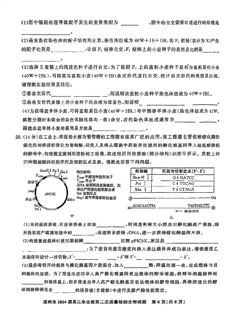 福建省漳州市2024届高三上学期第二次质量检测生物(1)_2024年2月_022月合集_2024届福建省漳州市高三上学期第二次质量检测
