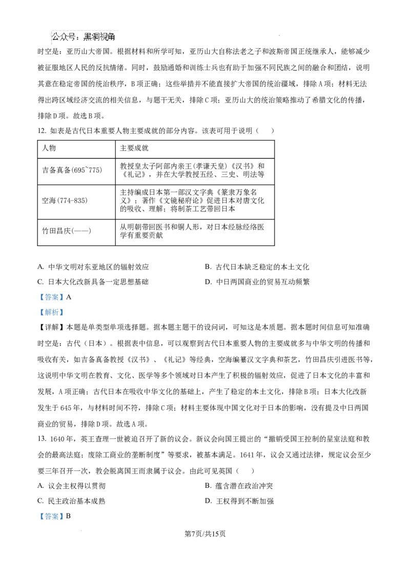 云南师范大学附属中学2025届高三高考适应性月考卷（四）历史答案_2024-2025高三（6-6月题库）_2024年10月试卷_1025云南师范大学附属中学2025届高三高考适应性月考卷（四）