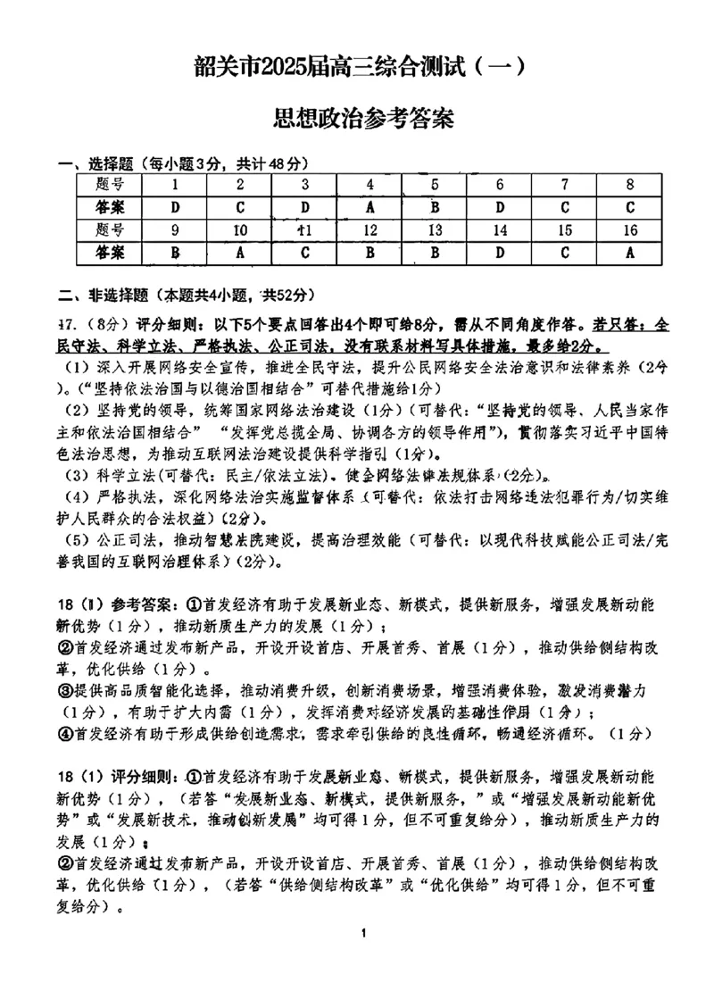 政治答案_2024-2025高三（6-6月题库）_2024年11月试卷_1114广东省韶关市2025届高三综合测试(一)（全科）_广东省韶关市2025届高三综合测试(一)思想政治