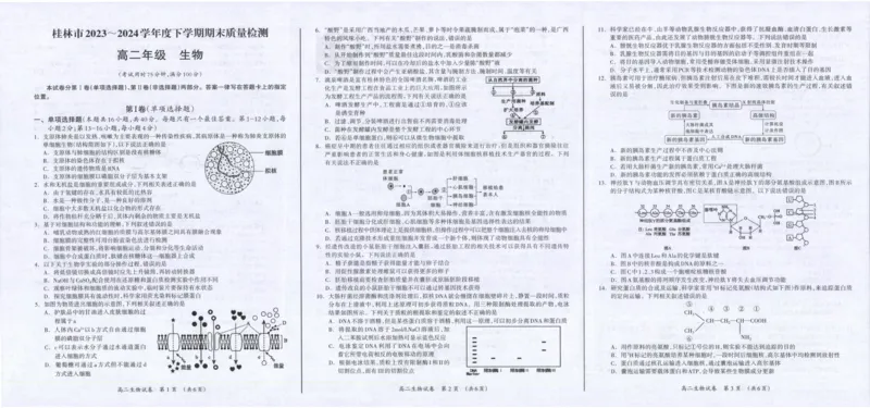桂林2024年春季期末高二生物试卷_2024-2025高二（7-7月题库）_2024年07月试卷_0711广西桂林市2023-2024学年高二下学期期末质量检测