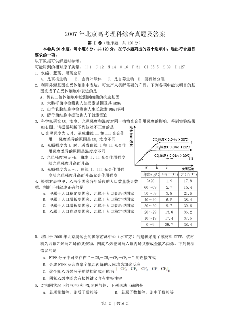 2007年北京高考理科综合真题及答案_化学高考真题试卷_旧1990-2007&middot;高考化学真题_1990-2007&middot;高考化学真题&middot;PDF_北京