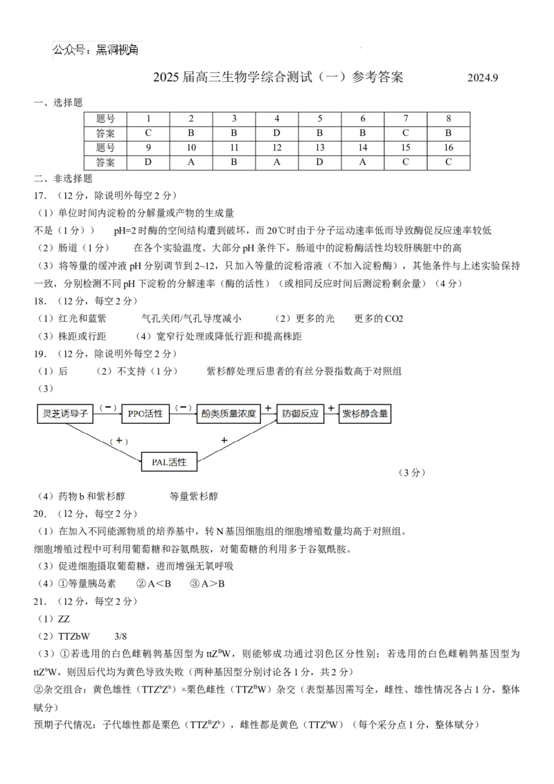 广东省华南师范大学附属中学2024-2024学年高三上学期综合测试（一）生物试题答案_2024-2025高三（6-6月题库）_2024年09月试卷