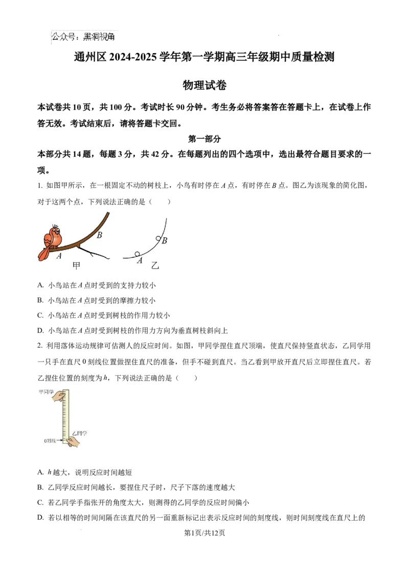 北京市通州区2025届高三上学期11月期中质量检测物理_2024-2025高三（6-6月题库）_2024年12月试卷_1218北京市通州区2025届高三上学期11月期中质量检测试卷