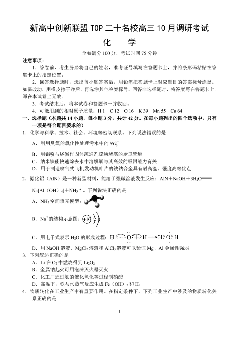 河南新高中创新联盟TOP二十名校2025届高三10月调研化学试卷_2024-2025高三（6-6月题库）_2024年10月试卷_1018河南省新高中创新联盟TOP二十名校2024-2025学年高三上学期10月调研考试