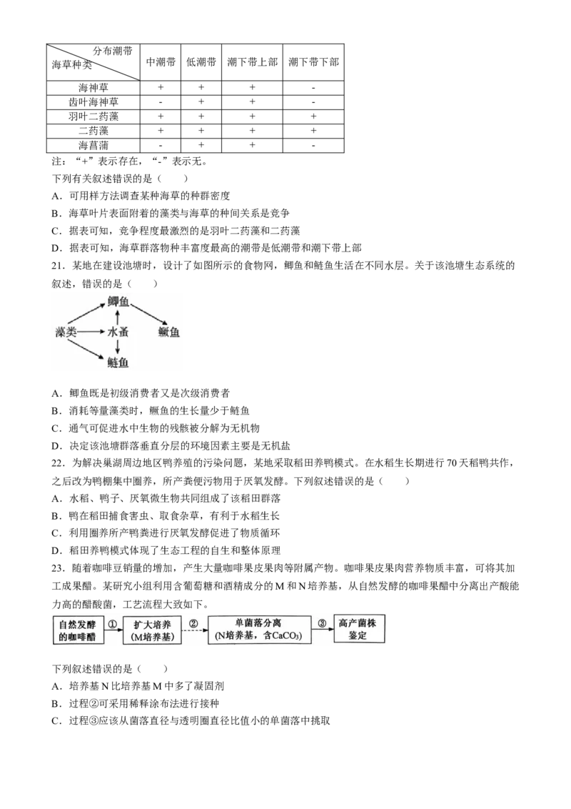 安徽省省十联考（合肥一中）2024年高二下学期7月期末生物试题_2024-2025高三（6-6月题库）_2024年07月试卷_240707安徽省省十联考2024年高二下学期7月期末