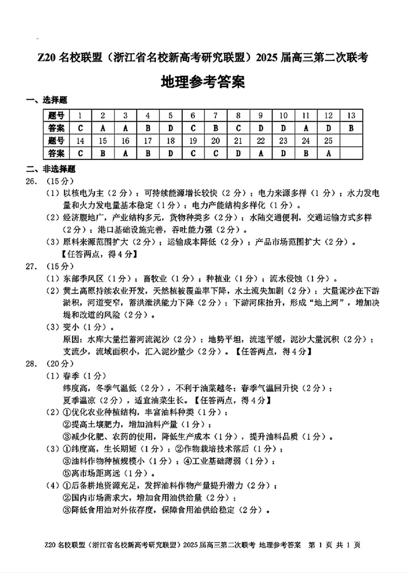 地理答案_2024-2025高三（6-6月题库）_2024年12月试卷_1218浙江省Z20名校联盟（名校新高考研究联盟）2024-2025学年高三上学期第二次联考