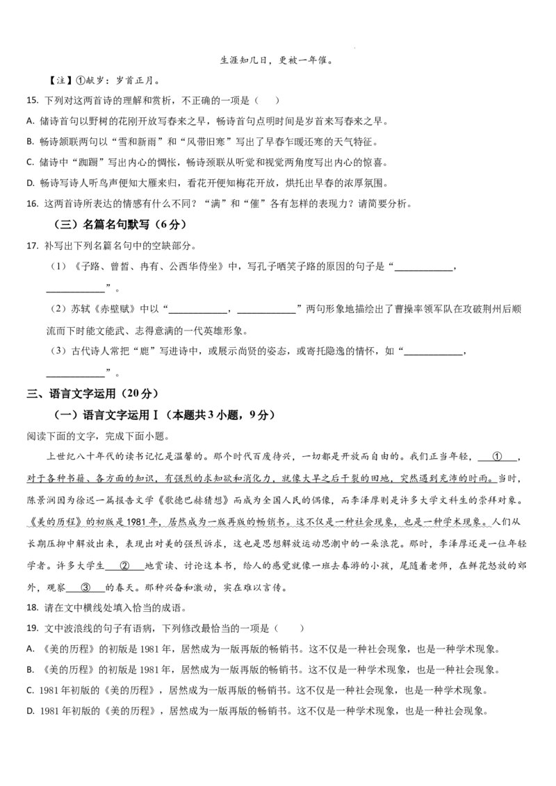 吉林省通化市梅河口市第五中学2024-2025学年高三上学期12月月考语文试题_2024-2025高三（6-6月题库）_2024年12月试卷
