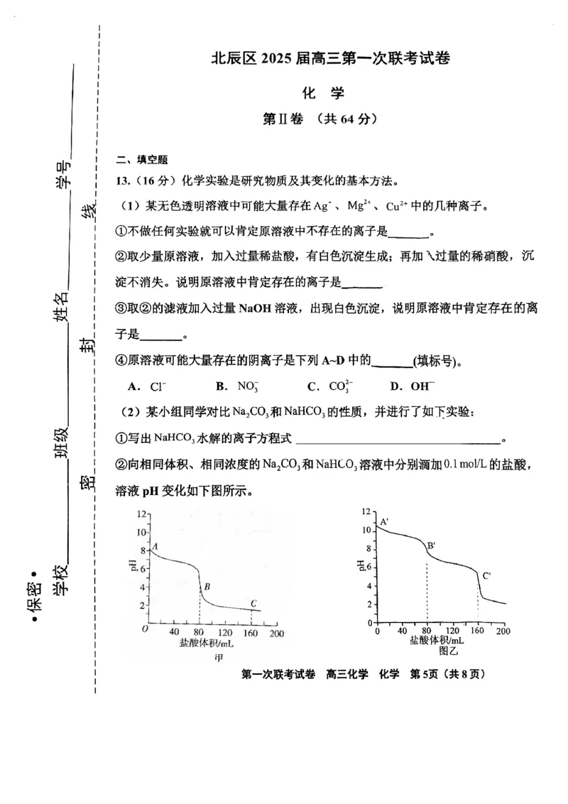 天津市北辰区2025届高三第一次联考（上学期期中）化学试卷_2024-2025高三（6-6月题库）_2024年11月试卷_1125天津市北辰区2024-2025学年高三上学期11月期中考试