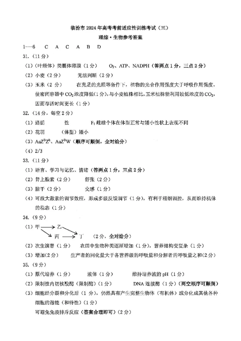 理综答案_2024年5月_01按日期_1号_2024届山西省临汾市高三下学期考前适应性训练(三)_2024届山西省临汾市高三下学期适应性训练考试（三）理科综合试题