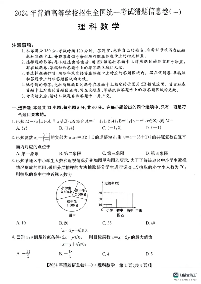 铜川市王益中学高三第十次模拟考试理科数学试题_2024年5月_01按日期_16号_2024年普通高等学校招生全国统一考试猜题信息卷（一）