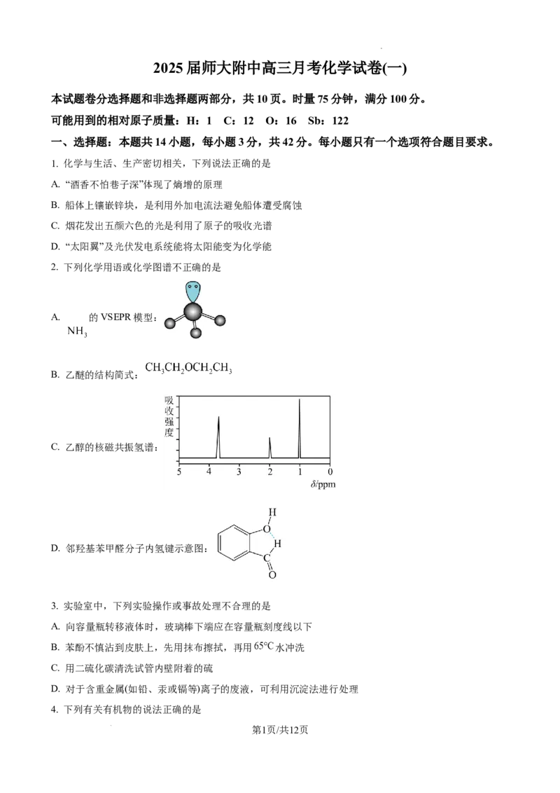 湖南省长沙市湖南师范大学附属中学2024-2025学年高三上学期月考（一）化学试题_2024-2025高三（6-6月题库）_2024年09月试卷