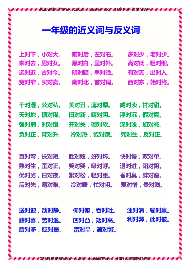 一年级下册语文日积月累知识-近义词与反义词_小学1-6年级全部试卷_语文_一年级_3-6-2、小学一年级语文下册_3-6-2-1、复习、知识点、归纳汇总_通用