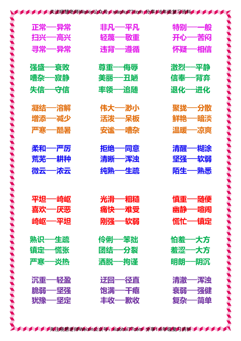 一年级下册语文日积月累知识-近义词与反义词_小学1-6年级全部试卷_语文_一年级_3-6-2、小学一年级语文下册_3-6-2-1、复习、知识点、归纳汇总_通用