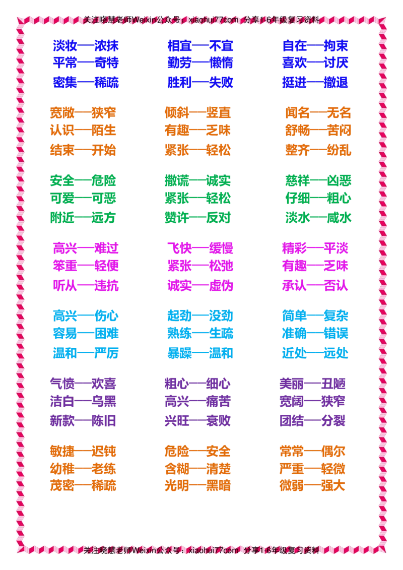 一年级下册语文日积月累知识-近义词与反义词_小学1-6年级全部试卷_语文_一年级_3-6-2、小学一年级语文下册_3-6-2-1、复习、知识点、归纳汇总_通用