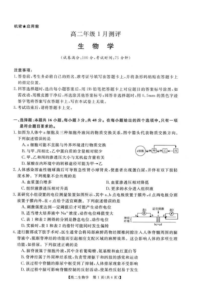 生物试题_2024-2025高二（7-7月题库）_2026年1月高二_260122河南省周口市重点高中2025-2026学年高二上学期1月月考（全）
