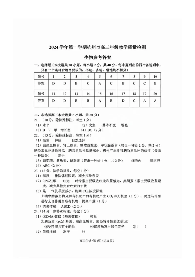 浙江省2025届高三杭州一模生物答案_2024-2025高三（6-6月题库）_2024年11月试卷_11072024-2025学年第一学期浙江省杭州市高三年级11月质量检测（杭州一模）