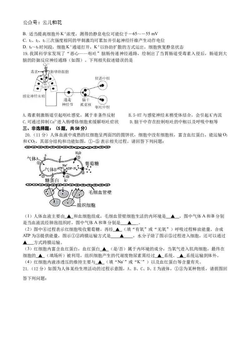 联考高二生物试题_2024年11月试卷_1102江苏省扬州市六校联盟2024-2025学年高二上学期第一次联考_江苏省扬州市六校联盟2024-2025学年高二上学期第一次联考试题生物Word版含答案
