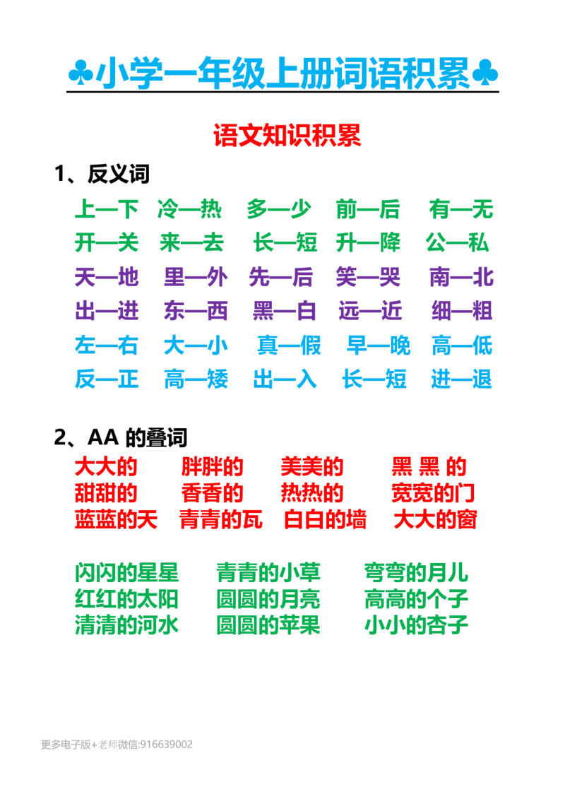 一年级上册词语积累_小学1-6年级全部试卷_语文_一年级_3-6-1、小学一年级语文上册_3-6-1-1、复习、知识点、归纳汇总_通用
