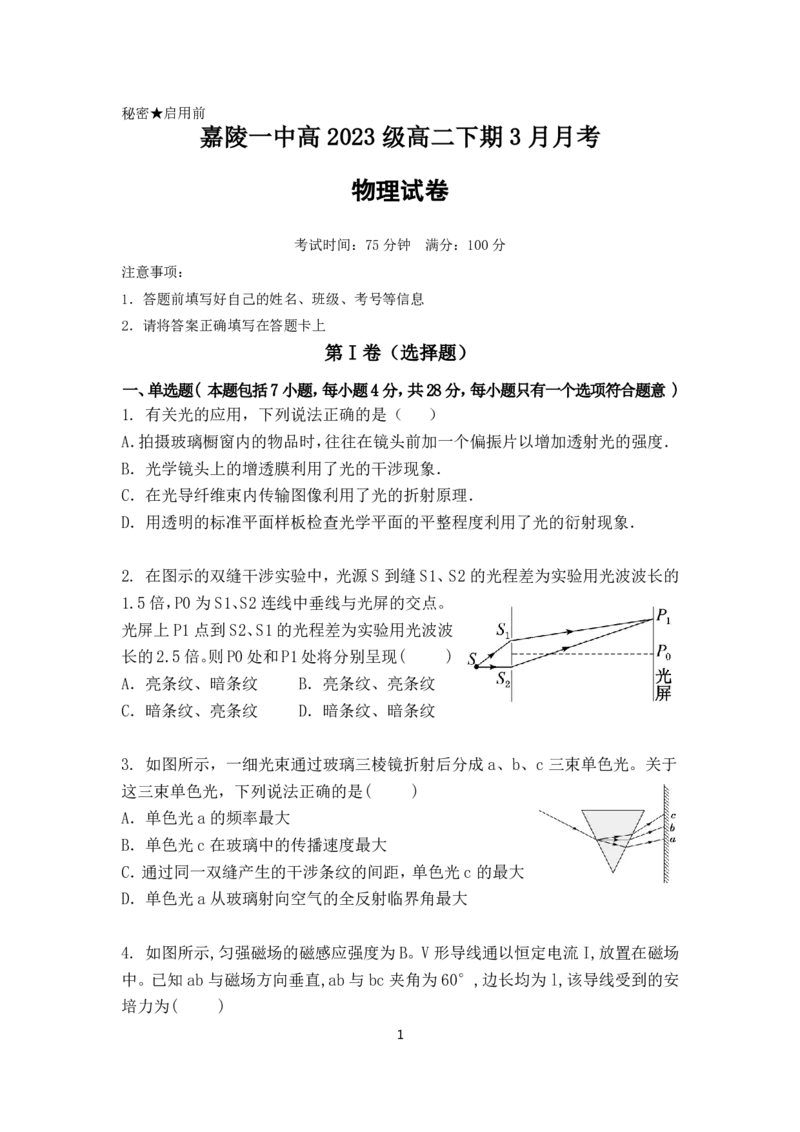 物理试题_2024-2025高二（7-7月题库）_2025年03月试卷_0330四川省南充市嘉陵一中2024-2025学年高二下学期3月月考试题