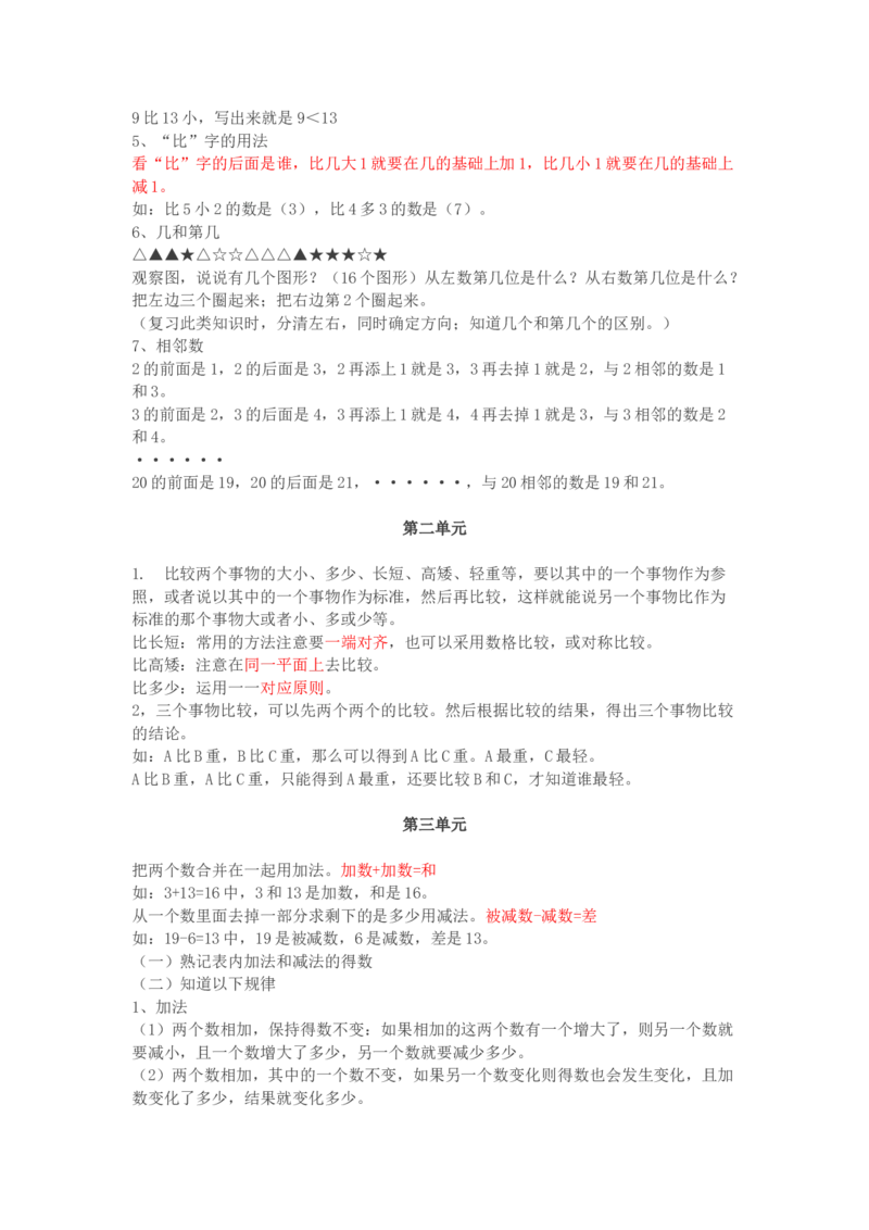 北师大版一年级数学上册知识点汇总_小学1-6年级全部试卷_数学_一年级_3-6-3、小学一年级数学上册_3-6-3-1、复习、知识点、归纳汇总_北师大版