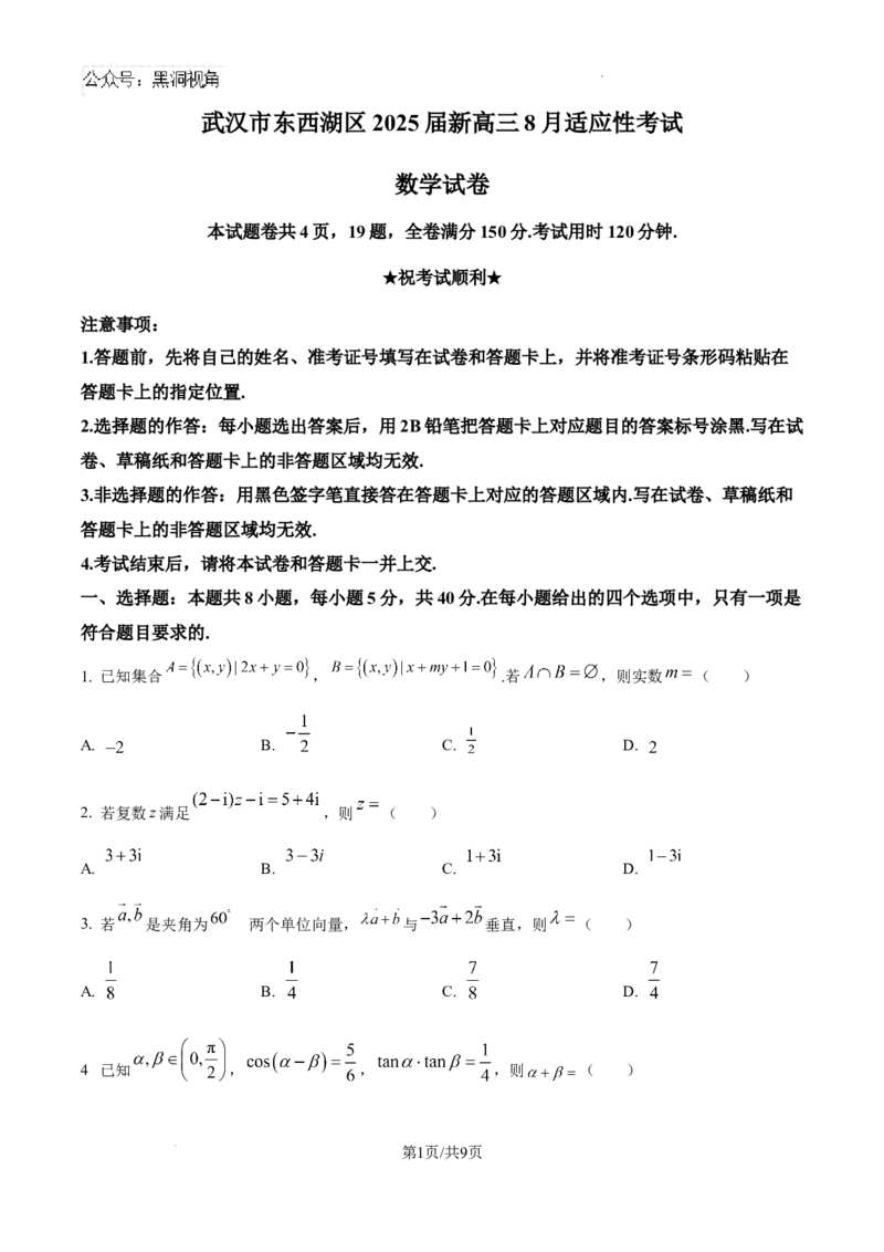 湖北省武汉市东西湖区2025届新高三8月适应性考试数学试卷_2024-2025高三（6-6月题库）_2024年08月试卷_0807湖北省武汉市东西湖区2025届新高三8月适应性考试数学试卷