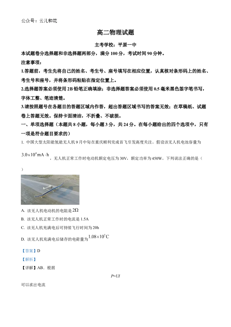 山东省德州市2024-2025学年高二上学期11月期中物理试题Word版含解析_2024年12月试卷_1201山东省德州市2024-2025学年高二上学期11月期中考试