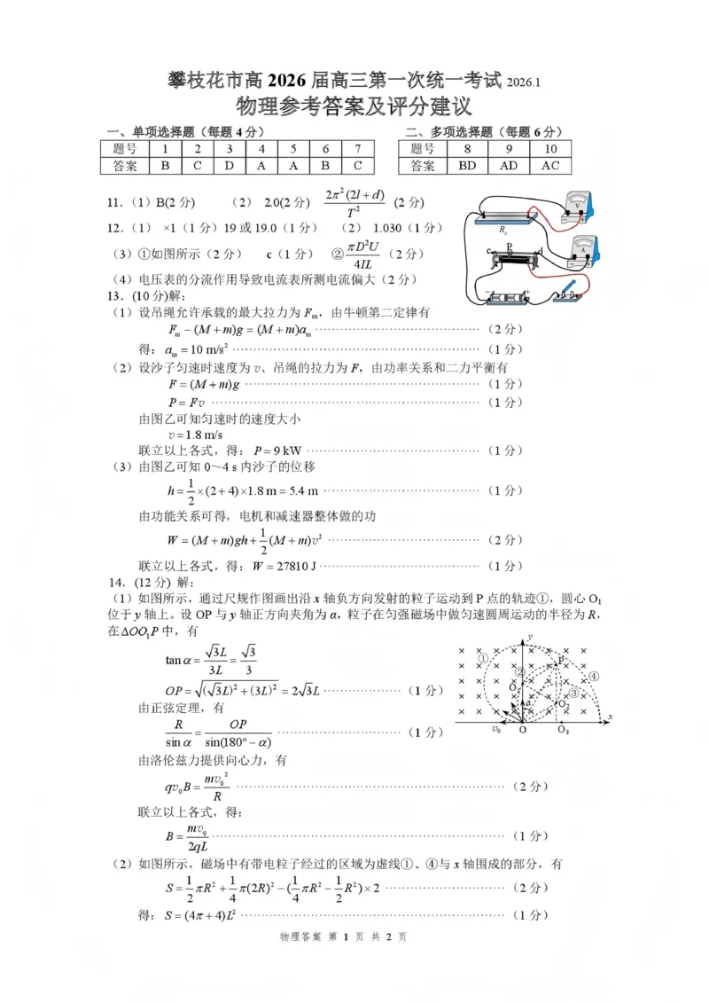 攀枝花市2026届高三第一次统一考试物理答案_2024-2026高三（6-6月题库）_2026年01月高三试卷_0123四川省攀枝花市2026届高三第一次统一考试（攀枝花一统）