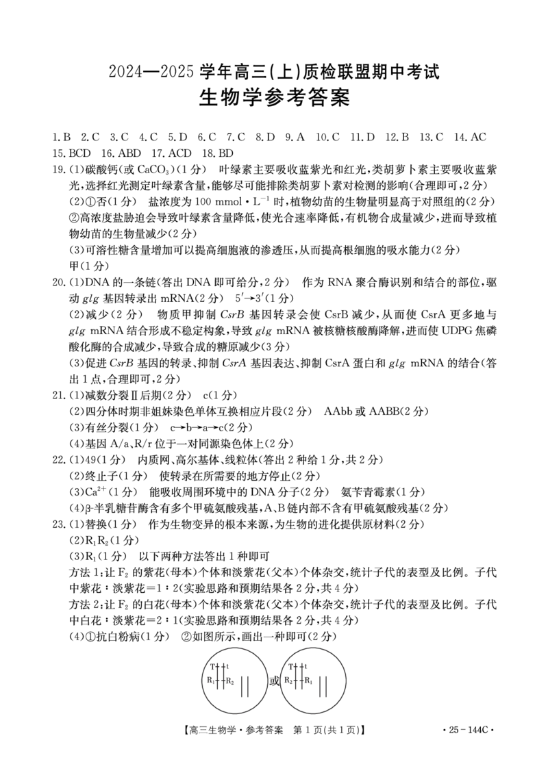 生物答案_2024-2025高三（6-6月题库）_2024年11月试卷_1114河北省邢台市质检联盟2024-2025学年高三上学期11月期中（金太阳144C）（全科）