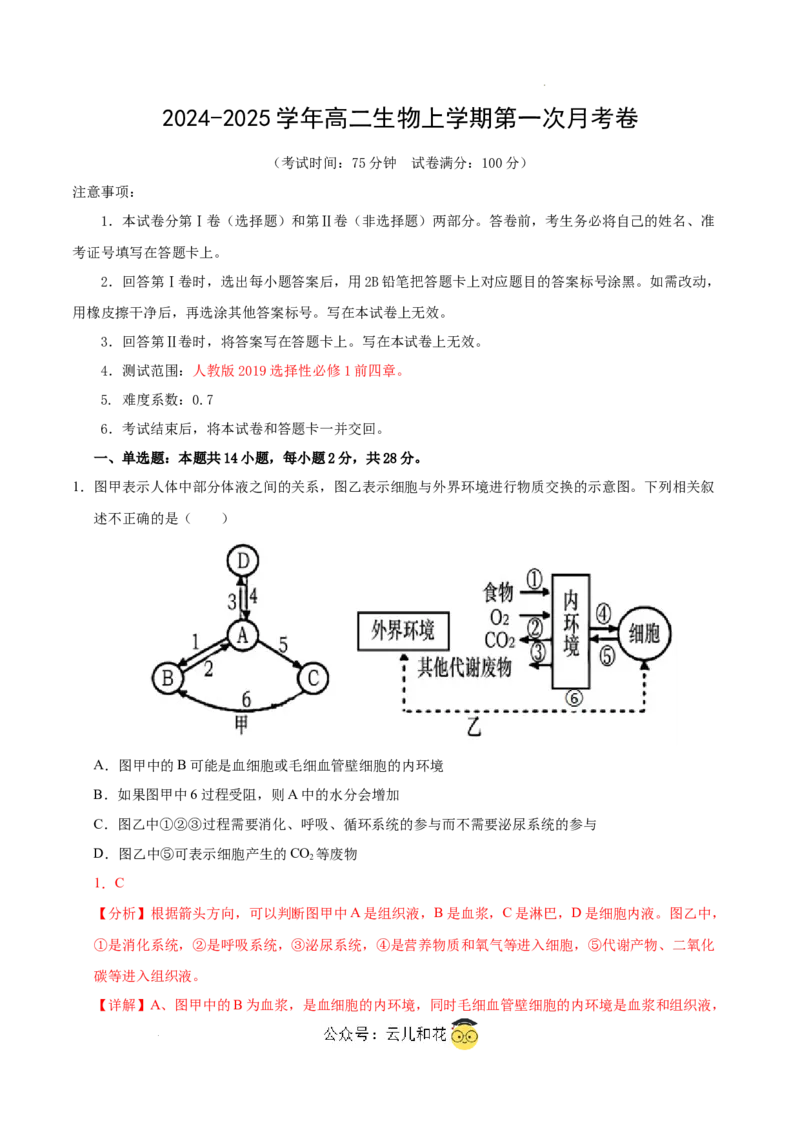 高二生物第一次月考卷（江苏专用）（全解全析）_2024-2025高二（7-7月题库）_2024年09月试卷_0922黄金卷：2024-2025学年高二上学期第一次月考9科word解析版含答题卡（江苏专用）