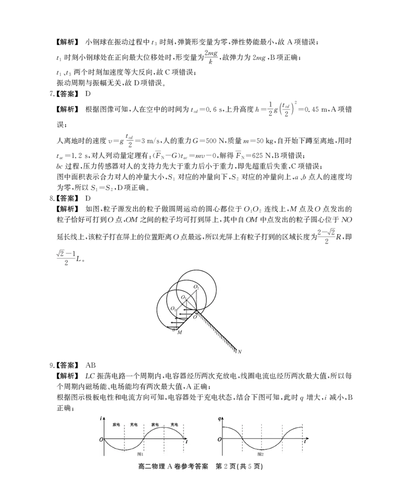 高二物理A卷答案_2024-2025高二（7-7月题库）_2024年07月试卷_0712安徽省县中联盟2023-2024学年高二下学期7月期末（三市联考期末）