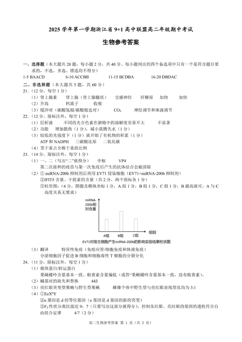 高二生物参考答案_251203浙江省9+1联盟2025-2026学年高二上学期期中考试（全）_浙江省9+1联盟2025-2026学年高二上学期11月期中生物试题（扫描版，含答案）