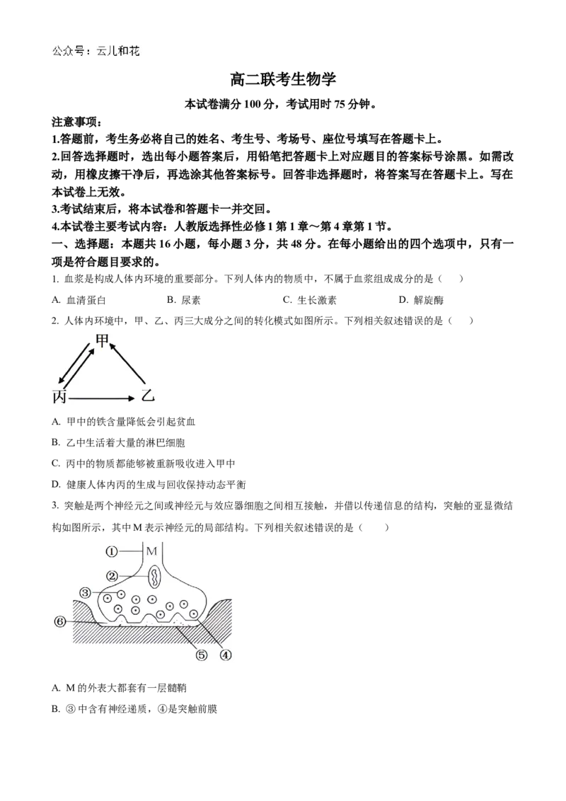 贵州省黔东南苗族侗族自治州2024-2025学年高二上学期11月期中考试生物试题Word版无答案_2024-2025高二（7-7月题库）_2024年12月试卷