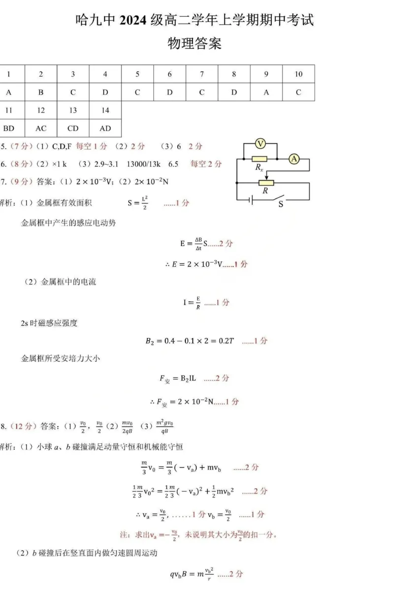 黑龙江省哈尔滨市第九中学2025-2026学年高二上学期期中考试物理PDF版含答案_251219黑龙江省哈尔滨市第九中学2025-2026学年高二上学期期中考试（全）