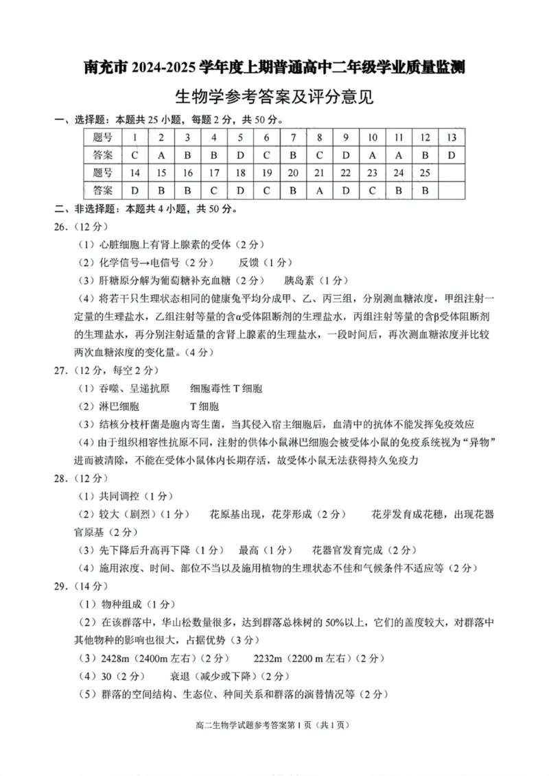 答案_2024-2025高二（7-7月题库）_2025年02月试卷_0207四川省南充市2024-2025学年高二上学期期末检测试题_四川省南充市2024-2025学年高二上学期1月期末考试生物试题