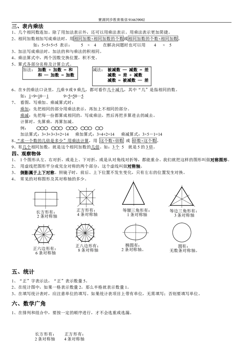 二年级上册数学总复习资料_小学1-6年级全部试卷_数学_二年级_3-7-3、小学二年级数学上册_3-7-3-1、复习、知识点、归纳汇总_通用