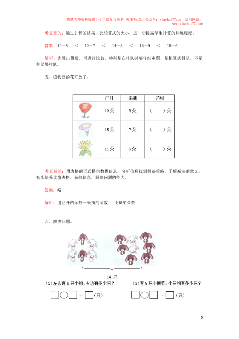 一年级下数学同步检测-20以内的退位减法2(含答案解析）-人教新课标_小学1-6年级全部试卷_数学_一年级_3-6-4、小学一年级数学下册_3-6-4-2、练习题、作业、试题、试卷_人教版_同步练习