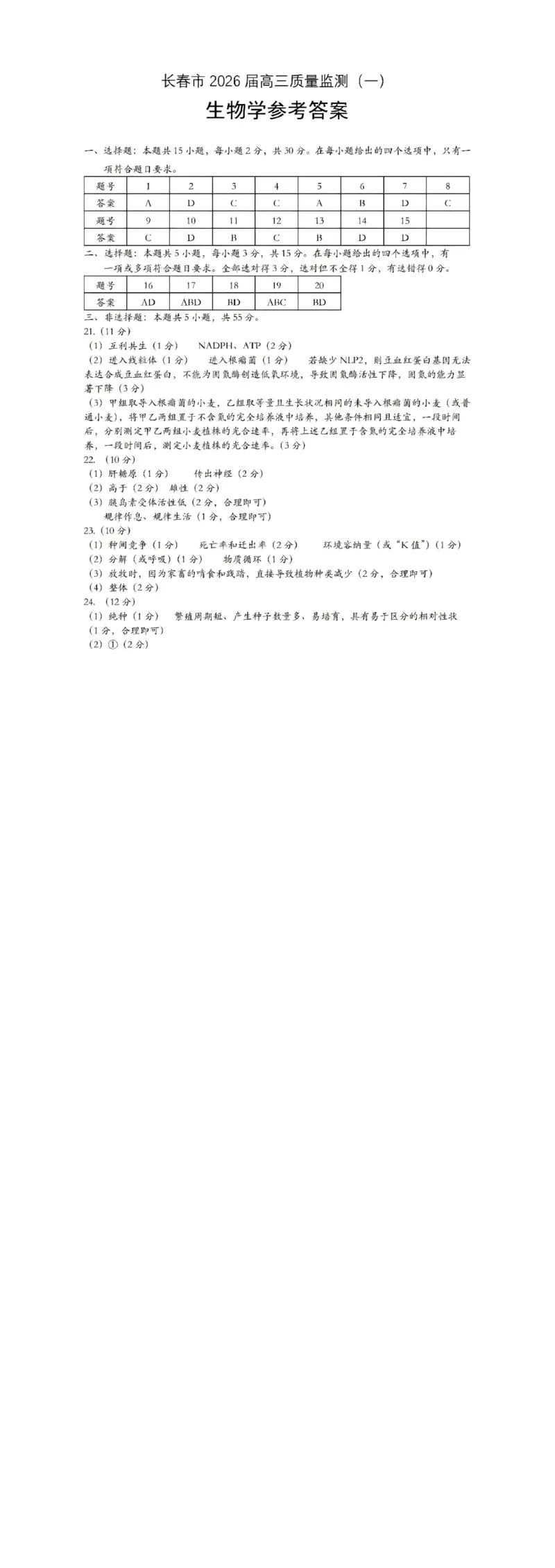 长春市2026届高三质量监测（一）生物答案_2024-2026高三（6-6月题库）_2026年01月高三试卷_0107吉林省长春市2026届高三质量监测（一）（长春一模）（全）