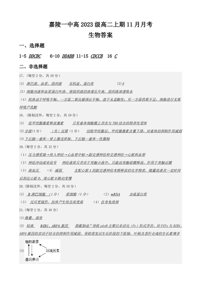 生物答案_2024-2025高二（7-7月题库）_2024年11月试卷_1123四川省南充市嘉陵一中2024-2025学年高二上学期第二次月考（11月）