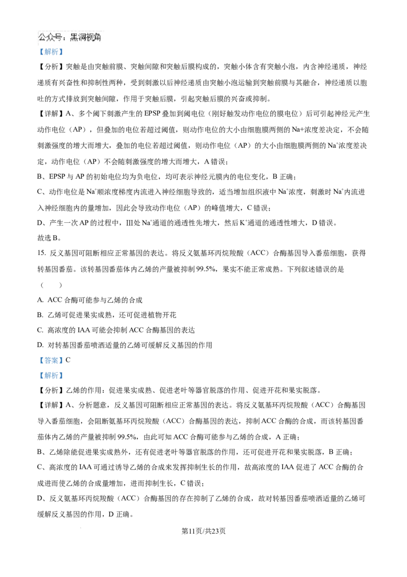 精品解析：湖北省武汉市东西湖区华中师范大学第一附属中学2024-2025学年高三上学期11月期中生物试题（解析版）_2024-2025高三（6-6月题库）_2024年11月试卷