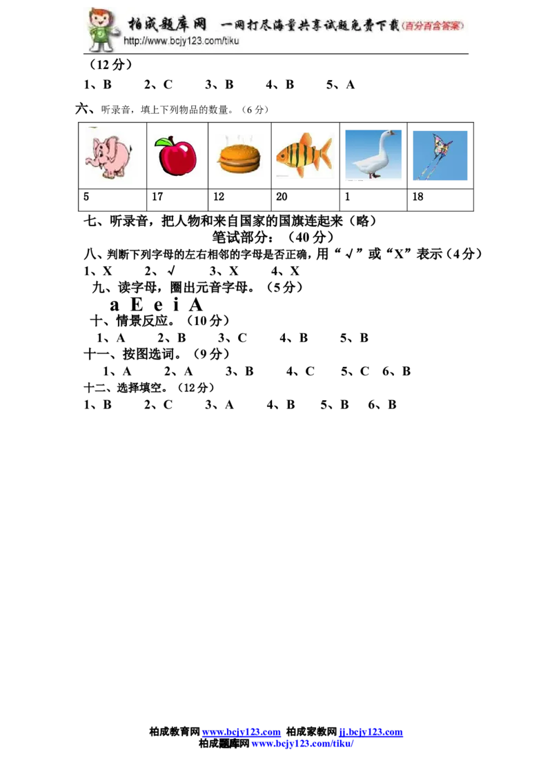 人教版小学英语三年级下册期中测试卷1带答案_小学1-6年级全部试卷_英语_三年级_3-8-6、小学三年级英语下册_3-8-6-2、练习题、作业、试题、试卷_人教版_期中3套