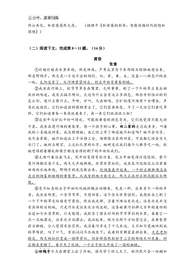 上海市奉贤区2024-2025学年高三上学期一模语文试题（含答案）_2024-2026高三（6-6月题库）_2024年12月试卷_1217上海市奉贤区2025届高三上学期一模