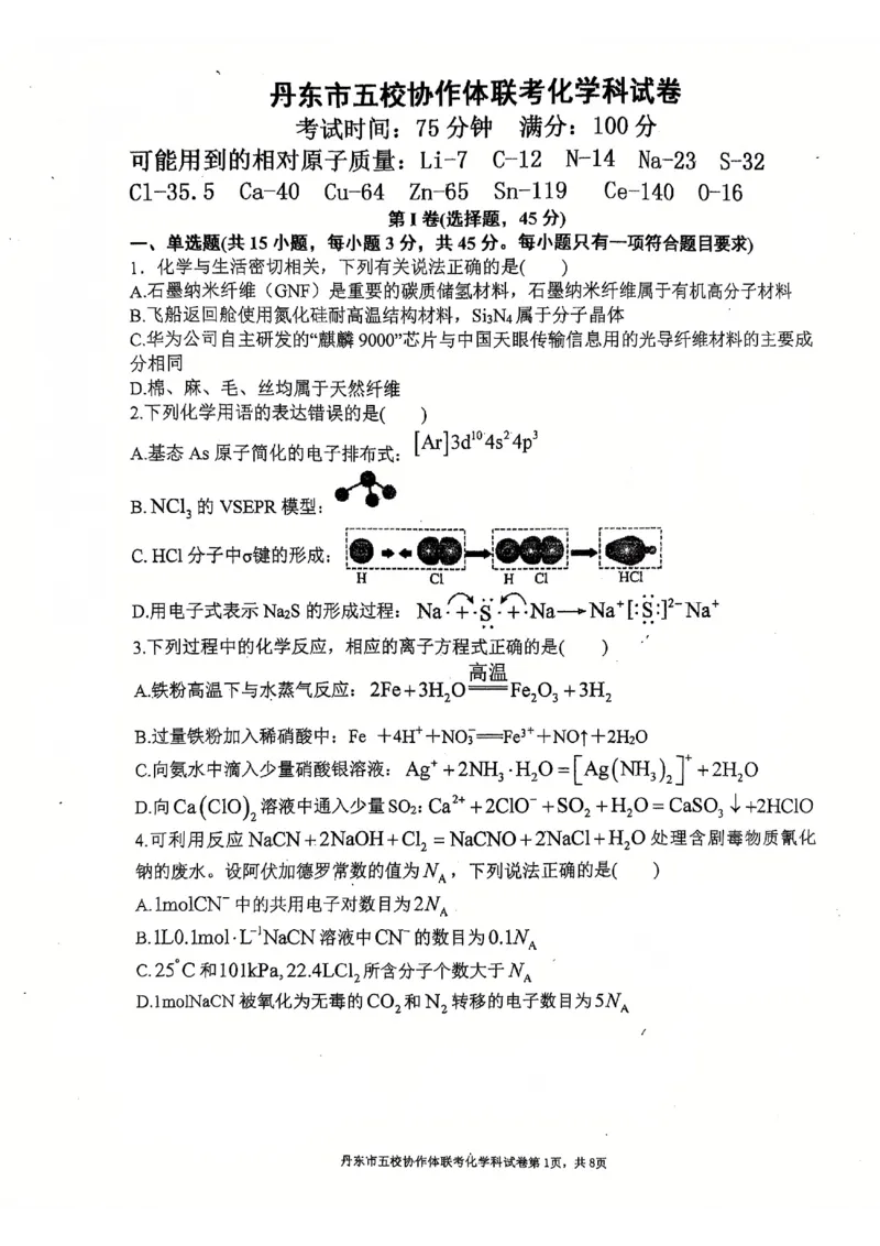 辽宁省丹东市五校协作体2024-2025学年高三上学期12月月考试题化学PDF版含答案_2024-2025高三（6-6月题库）_2024年12月试卷