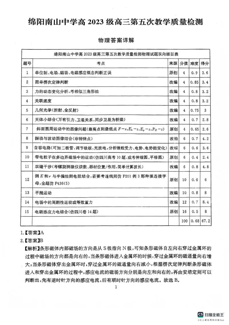 绵阳南山中学高2023级高三第五次教学质量检测物理答案_2024-2026高三（6-6月题库）_2026年01月高三试卷_0109四川省绵阳南山中学高2023级高三第五次教学质量检测