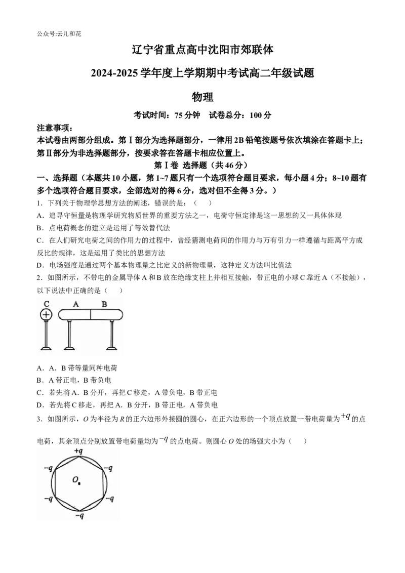 辽宁省重点高中沈阳市郊联体2024-2025学年高二上学期11月期中考试物理（含解析）_2024-2025高二（7-7月题库）_2024年11月试卷