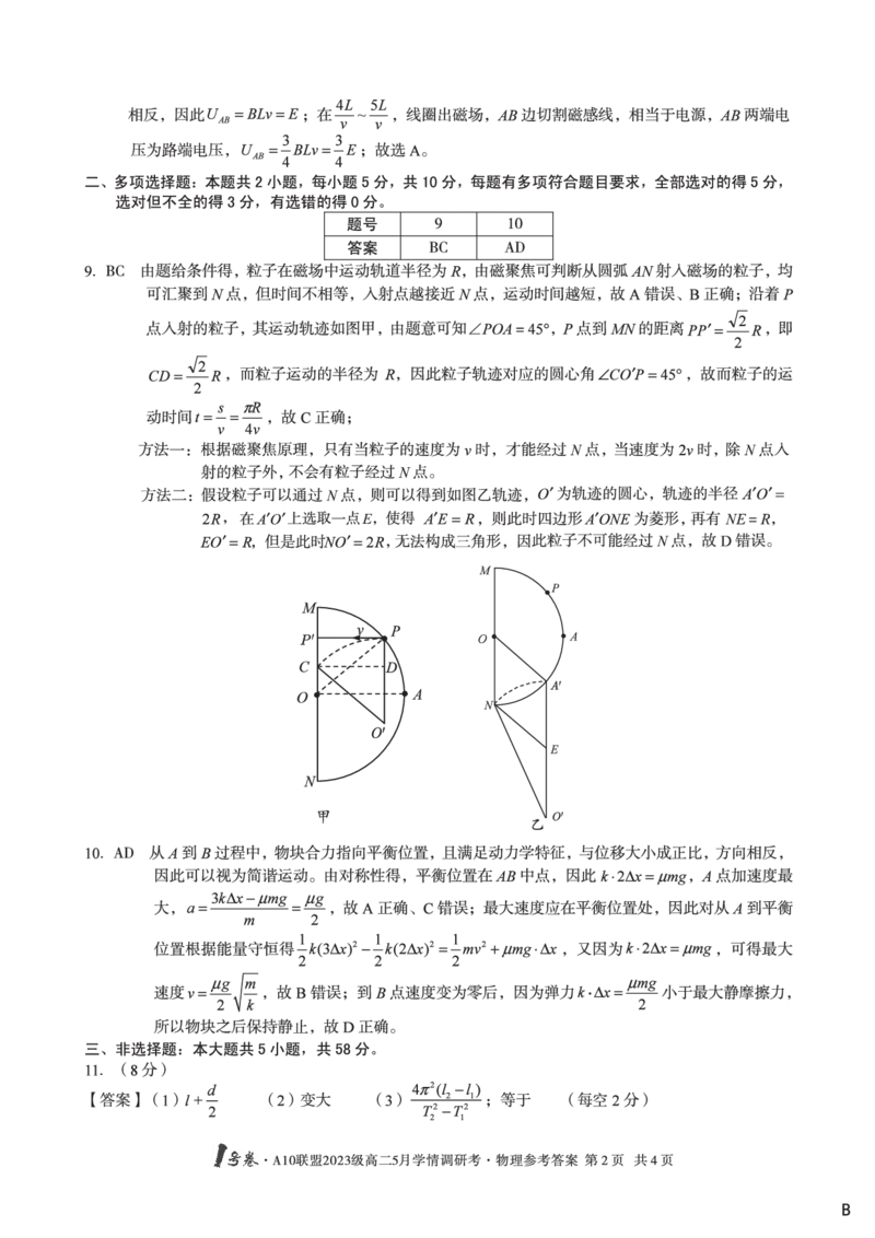 物理（B卷）答案1号卷&middot;A10联盟2023级高二5月学情调研考_2024-2025高二（7-7月题库）_2025年6月试卷_0604安徽省1号卷&middot;A10联盟2023级高二5月学情调研考