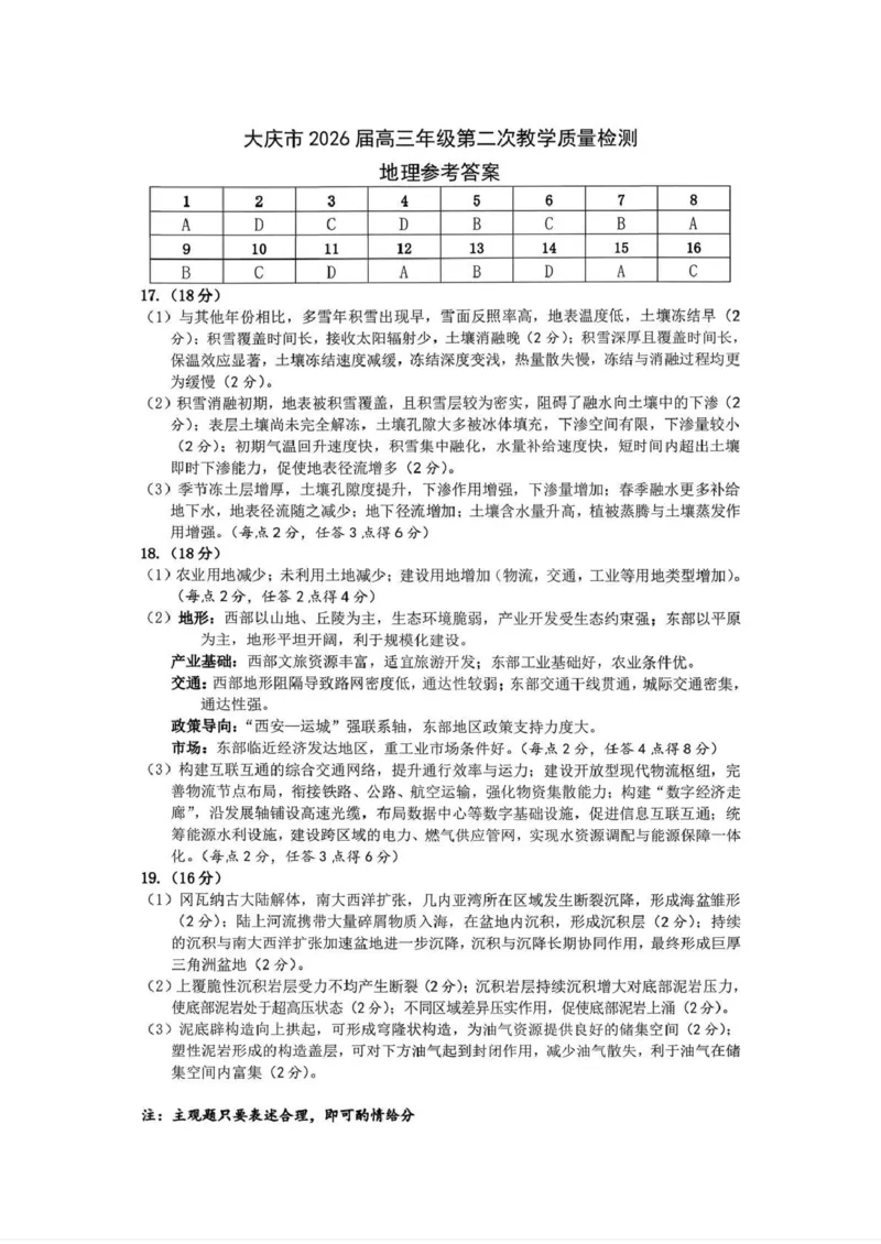 大庆市2026届高三年级第二次教学质量检测地理答案_2024-2026高三（6-6月题库）_2026年01月高三试卷_0111黑龙江省大庆市2026届高三年级第二次教学质量检测（大庆二模）（全）