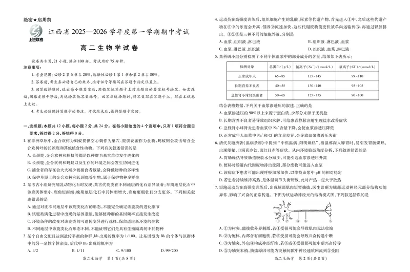 江西省上进联考2025-2026学年高二上学期11月期中考试&middot;生物_2025年11月高二试卷_251114江西省上进联考2025-2026学年高二上学期11月期中考试（全）