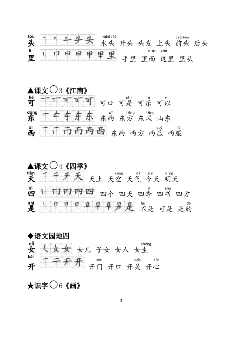 一年级语文上册生字笔顺、组词大全_小学1-6年级全部试卷_语文_一年级_3-6-1、小学一年级语文上册_3-6-1-1、复习、知识点、归纳汇总_通用