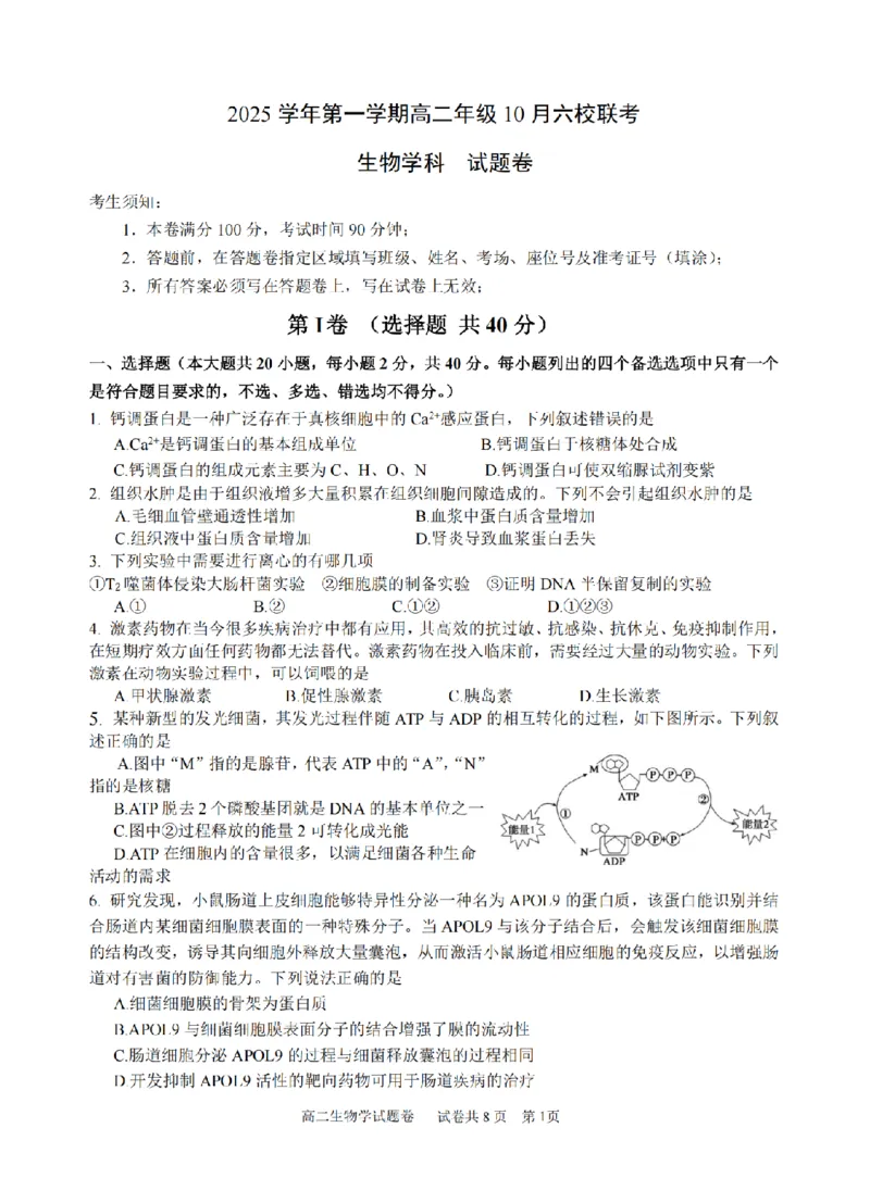 生物卷-2510高二浙江六校_2025年10月高二试卷_251014浙江省六校联盟2025-2026学年高二上学期10月月考_浙江省六校联盟2025-2026学年高二上学期10月月考生物试题（含答案）